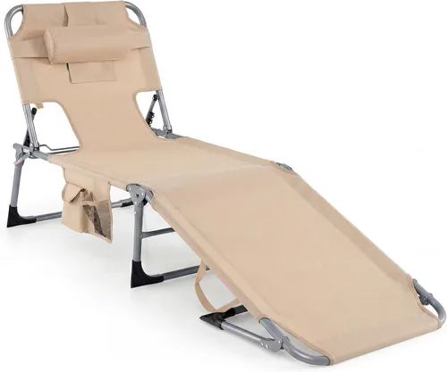 Tangkula Silla de Bronceado con Orificio para la Cara, Silla Reclinable Plegable y Ajustable para Patio, Playa, Tomar el Sol con Bolsillo Lateral,