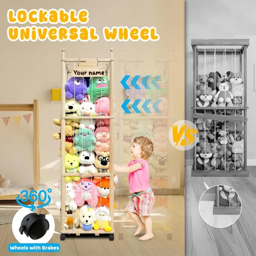 Miniatura 5 de Pmbqifay Organizador de animales de peluche, lindo animal de peluche de madera para almacenamiento de zoológico, jaula de juguetes de peluche