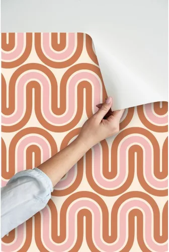 Miniatura 3 de Papel tapiz para despegar y pegar, diseño retro de mediados de siglo, líneas rosadas y marrones, decoración del hogar, olas, papel tapiz extraíble