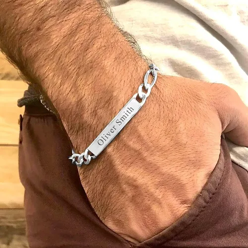 Miniatura 4 de LeCalla Personalized Customised Engraved Name Men's Figaro Chain ID Bracelet in 925 Sterling Silver Personalized Custom Birthday Christmas Fathers