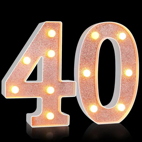 Treela Números LED de 8.7" de cumpleaños decorativos con luz, letrero de números de marquesina de purpurina para decoraciones de fiesta de Oro rosa