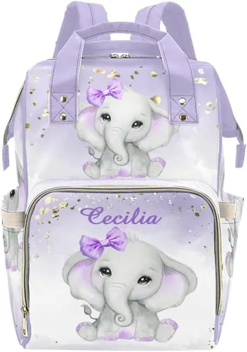 Mochila de pañales personalizada con nombre Purple Baby Elephant Gold Confetti Regalo Lo mejor: Bolsa de pañales impermeable espaciosa para hombres