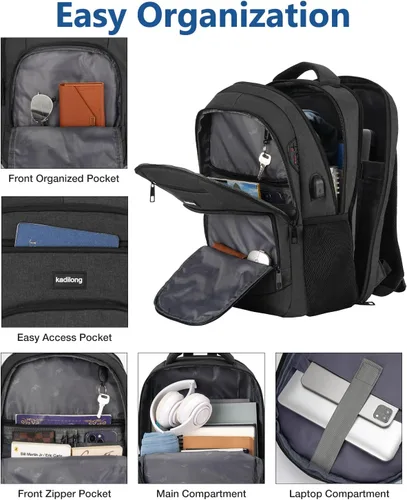 Miniatura 2 de kadilong Mochila para laptop para hombre, mochila escolar para adolescentes, niños, viajes de negocios, bolsa antirrobo con puerto de carga USB