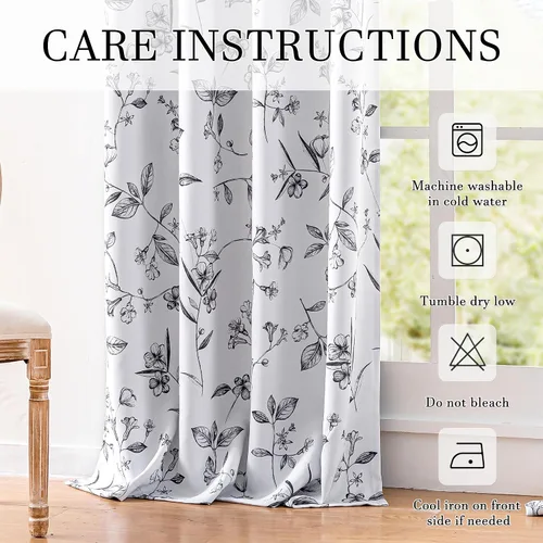 Miniatura 6 de ChrisDowa Cortinas florales 100% opacas de 63 pulgadas de largo, 2 paneles para dormitorio, sala de estar, estampado de flores negras