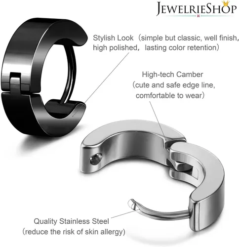 Miniatura 2 de JewelrieShop Juego de joyas para hombre, aretes colgantes con bisagras, acero inoxidable, hipoalergénicos, aretes de aro urbanos