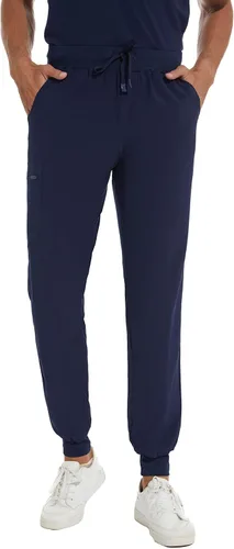 Miniatura 7 de COZYFIT Conjunto de ropa quirúrgica para hombre camiseta elástica con cuello en V y pantalón deportivo con 8 bolsillos, cintura de yoga, ropa