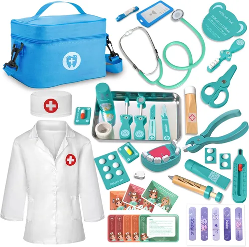 Kit médico para niños pequeños de 3 a 5 años, juego de madera para dentistas, juego de doctor, juguetes de simulación para niños pequeños, kit