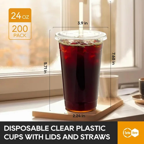 Miniatura 2 de Turbo Bee 200 juegos de vasos de plástico transparente de 24 onzas con tapas y pajitas, tazas de café helado desechables para llevar con tapas