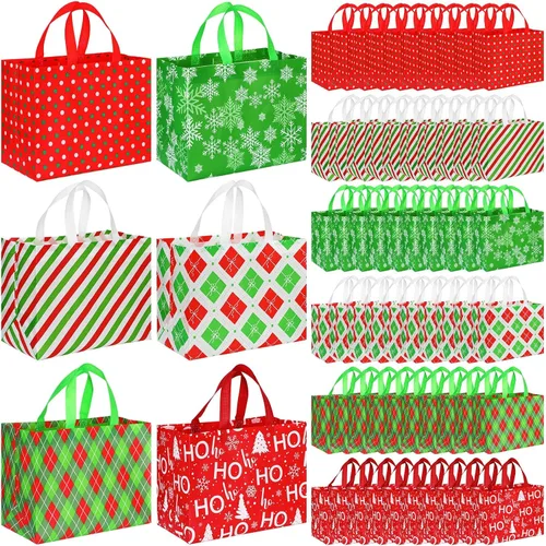 Miniatura 12 de Sanwuta 24 Bolsas de Navidad a Granel para Regalos 12.8 x 9.8 x 6.7 Pulgadas Bolsas Grandes de Transporte para Comestibles con Asas Rojas Verdes a