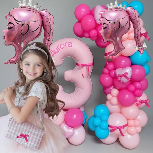 Miniatura 6 de 2 globos de papel de aluminio de princesa rosa, arco de cabeza de niña, globos de corona de muñeca para decoración de fiesta temática de princesa