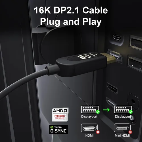 Miniatura 3 de Cable DisplayPort 2.1 certificado FIBBR VESA, cable DP de 40 Gbps (negro, 10 pies) 6K @30Hz 10K@30Hz 8K@60Hz 4K @165Hz, HDR, HDCP2.2, DSC 1.2a