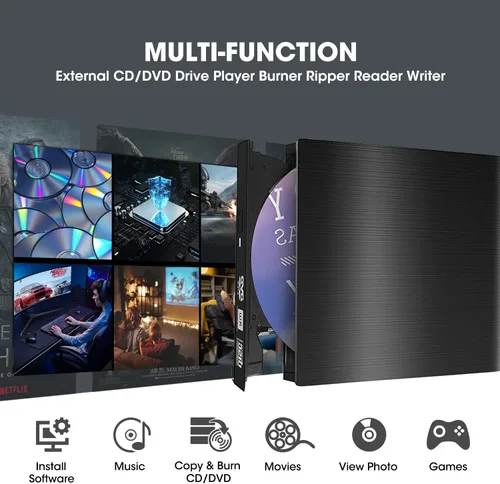 Miniatura 6 de Unidad de CD/DVD externa ROOFULL para portátil, USB 3.0, CD/DVD-ROM +/-RW, lector, reproductor, grabador, quemador, con estuche de transporte