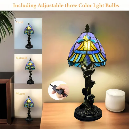 Miniatura 5 de Lámpara Pequeña Estilo Tiffany, Mini Lámparas Tiffany de Vidrio Emplomado Barroco Azul para Sala de Estar, Hogar, Dormitorio, Mesita de Noche