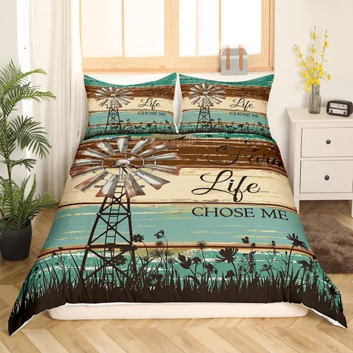 Miniatura 13 de Erosebridal Juego de funda de edredón vintage de molino de viento, tamaño Queen, estilo rústico de granja, estilo vintage, estilo campesino, Multi 13