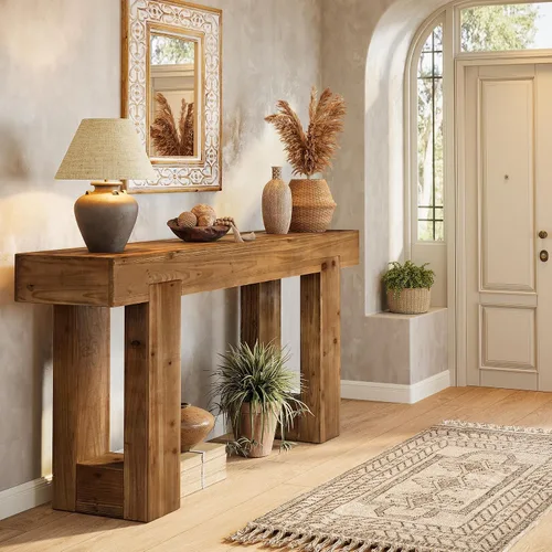 Miniatura 6 de Mesa consola de madera maciza, mesa de sofá de granja de 55 pulgadas detrás del sofá, consola rectangular con doble base para entrada, pasillo, sala