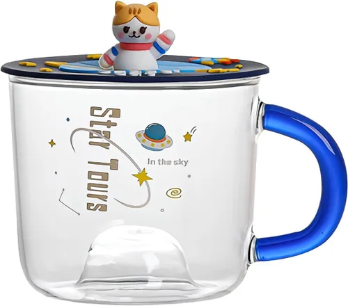 Bonita taza de café de cristal con tapa de silicona Kawaii Cat para café, té, leche, decoración estética de habitación, regalo divertido de