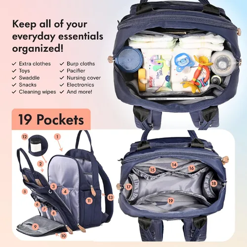 Miniatura 3 de Dikaslon - Mochila para pañales con cambiador portátil, funda para chupete y correas para cochecito, bolsas de bebé unisex grandes para niños y Azul