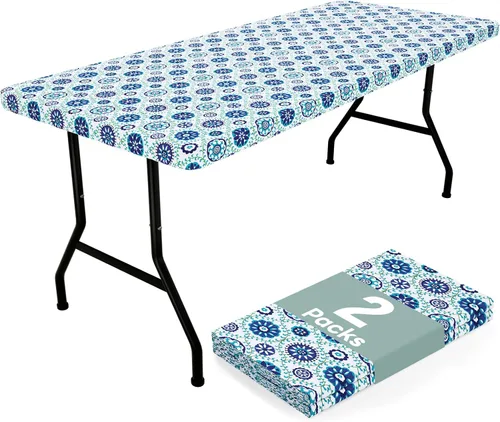 Miniatura 50 de misaya Mantel rectangular de vinilo, mantel ajustable, 100% impermeable, borde elástico, reverso de franela, mantel de plástico para mesas plegables