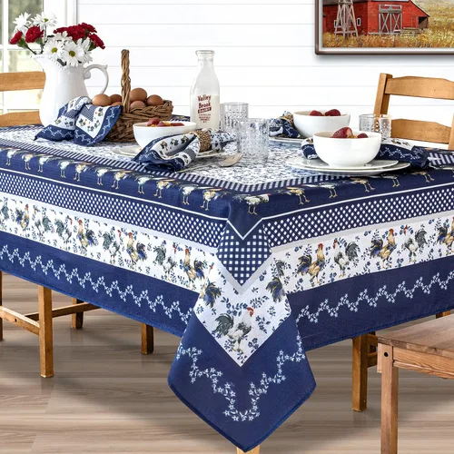 Miniatura 6 de Home Bargains Plus Mantel rectangular de tela, 52 x 70 pulgadas, gallo azul provenzal, resistente a las arrugas, el agua y las manchas, color granja
