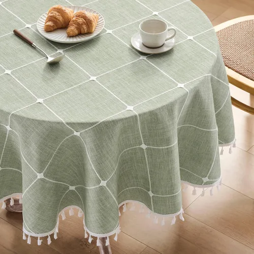 Miniatura 102 de ZeeMart - Mantel de mesa con diseño de cuadrícula boho y borlas (blanco roto, 132 cm x 132 cm), mantel de gran peso de lino a cuadros bordado
