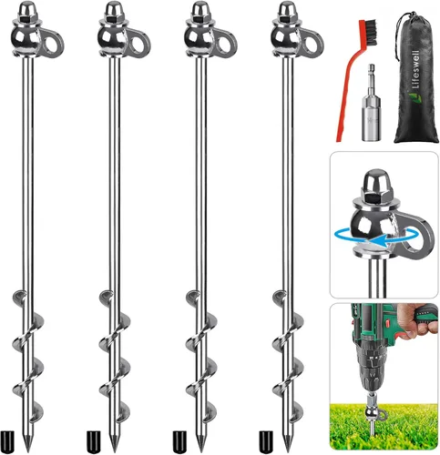Miniatura 9 de Paquete de 4 estacas para tienda, anclajes de tierra resistentes de 16 pulgadas, soldadura completa, fáciles de atornillar y reutilizables, para E.