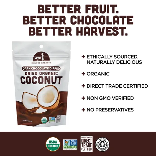 Miniatura 4 de Mavuno Harvest Coco Orgánico Cubierto de Chocolate - Coco Seco Orgánico Sumergido en Chocolate Negro - Sin OMG, Sin Conservantes, Comercio Justo
