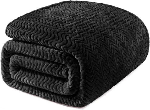 Exclusivo Mezcla Manta King para cama, acogedora manta ligera de vellón con textura ondulada decorativa adecuada para invierno, color negro, 90 x