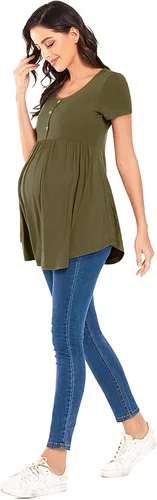 Miniatura 3 de POSHGLAM Camisetas de maternidad para mujer, cuello redondo, ropa de embarazo fruncida con acento de botón