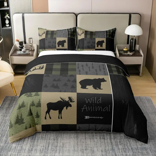 jejeloiu Juego de funda de edredón con estampado de oso 100% algodón, tamaño individual, juego de ropa de cama de animales salvajes, ultra suave,