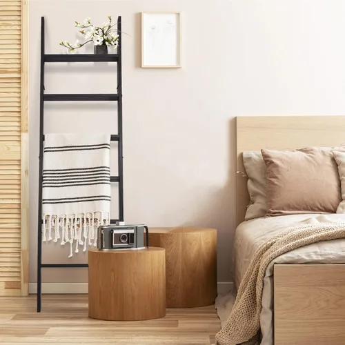 Miniatura 5 de Escalera para Mantas de 6 Niveles – Perchero de Edredones de 5.5 Pies que se Apoya en la Pared, Almacenamiento de Mantas Estilo Granja para Sala