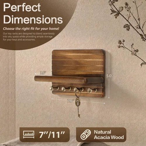 Miniatura 2 de Rebee Vision Soporte de pared de madera de acacia para decoración del hogar, mini llavero de 7 pulgadas para pared con 4 ganchos resistentes
