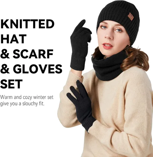 Miniatura 23 de OZERO Juego de 3 piezas de gorro de invierno y bufanda para mujeres y hombres: guantes para pantalla táctil, gorro de punto, calentador de cuello