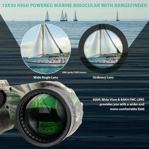 Miniatura 5 de Binoculares marinos HD 10 x 50 con adaptador de teléfono de brújula telémetro, lente multicapa BAK4, resistente armadura militar IPX7, binocular