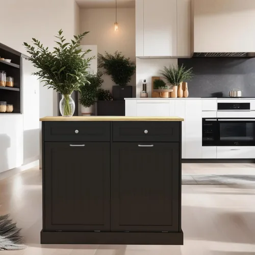 Miniatura 9 de RASOO Gabinete de basura de doble inclinación hacia fuera, cesta de lavandería independiente de madera con 2 cajones, cubo de basura de cocina