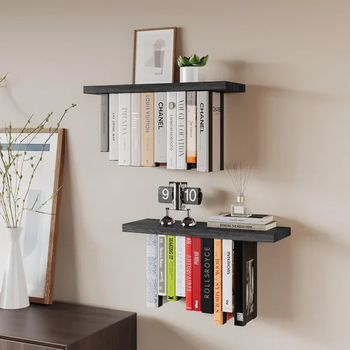 Miniatura 2 de Estantería flotante para pared, estantería colgante de madera rústica, estante de libros boca abajo y estantes montados en la pared para decoración