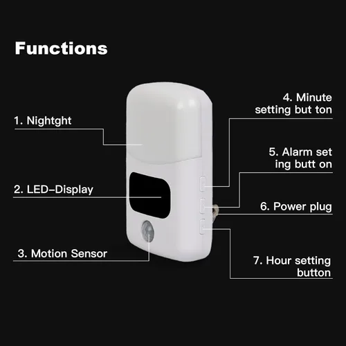 Miniatura 7 de LUXON Luz nocturna LED con sensor de movimiento con reloj despertador digital, reloj de baño enchufable a la pared 4000 K blanco cálido, sensor