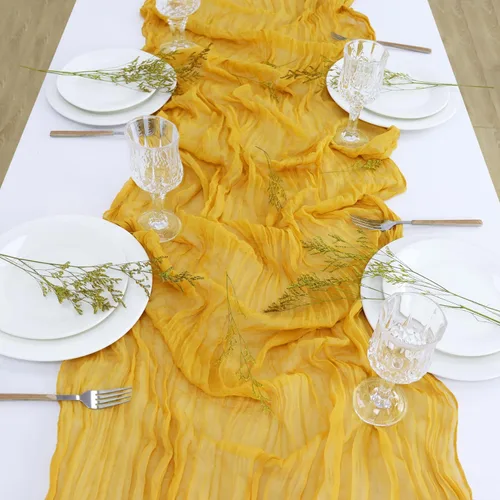 Miniatura 5 de Camino de mesa de gasa color dorado, 36 x 120 pulgadas, tela rústica de queso, 10 pies, camino de mesa bohemio transparente para recepción, fiesta