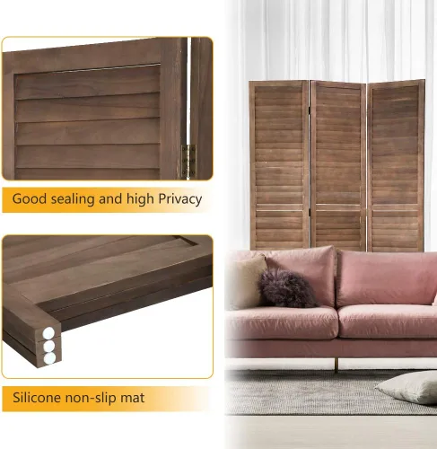 Miniatura 3 de Divisor de habitación plegable de 3 paneles de 69 pulgadas de alto, pantallas de privacidad portátiles de madera maciza independiente para Marrón