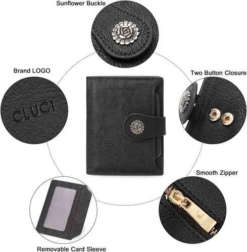 Miniatura 5 de CLUCI Cartera RFID triple pequeña para mujer, Negro