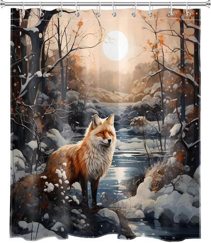 Miniatura 2 de LB Cortina de ducha con diseño de zorro de bosque de invierno, bosque nevado, lindo zorro con árbol, paisaje natural, cortina de ducha de baño