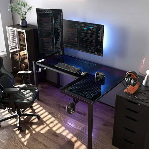 Miniatura 5 de EUREKA ERGONOMIC Escritorio de Juegos en Forma de L Reversible de 60 Pulgadas de Vidrio Negro con Luces LED RGB, Mesa de Computadora para Oficina