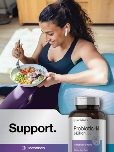 Miniatura 7 de Horbäach Probióticos 6 mil millones de UFC 200 tabletas masticables Sabor a bayas 14 cepas probióticas Suplemento vegetariano, sin OMG y sin