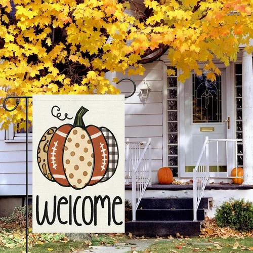 Miniatura 2 de Louise Maelys Bandera de bienvenida de otoño de 12 x 18 pulgadas, doble cara, pequeña arpillera de otoño, calabaza, fútbol, jardín, otoño, Acción