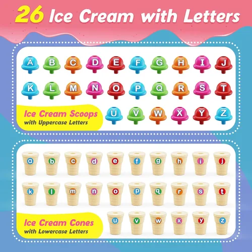Miniatura 2 de Kasfalci Juguetes de aprendizaje del alfabeto, juego de juguetes de helado, aprendizaje ABC para niños pequeños, juego de cartas a juego
