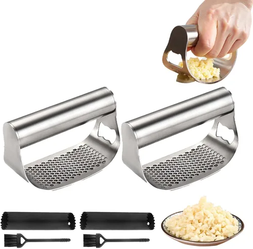 Miniatura 11 de Balancín de prensa de ajo de acero inoxidable, nueva 2026 herramienta ergonómica resistente para trituradora de ajo con pelador y cepillo