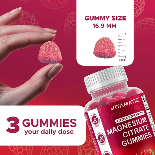 Miniatura 3 de Vitamatic Gomitas de magnesio extra fuertes, 255 mg (magnesio elemental) por porción, 60 gomitas veganas que apoyan la relajación, la función