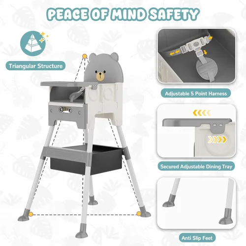 Miniatura 7 de Silla alta 3 en 1 para bebés y niños pequeños, silla de oso para niños pequeños, silla alta de altura ajustable con babero y bolsa de almacenamiento