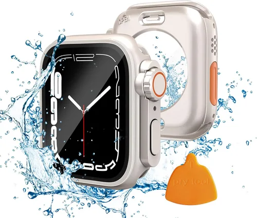 Funda impermeable 2 en 1 compatible con Apple Watch de 1.61 pulgadas, protector de pantalla Series 9/8/7 (diseño ultra estilo) iWatch de vidrio Luz
