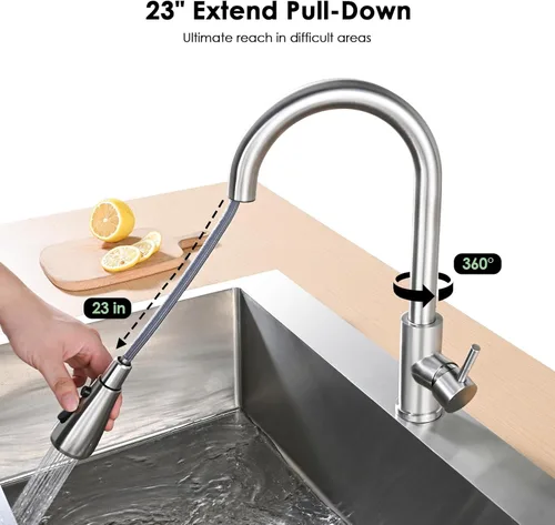 Miniatura 2 de Grifo de cocina con rociador extraíble, grifo de níquel cepillado de arco alto, de una sola manija, de acero inoxidable, 3 modos