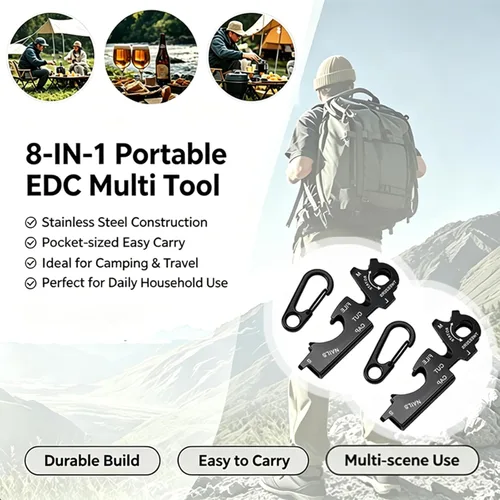Miniatura 7 de Llavero EDC de acero inoxidable 8 en 1 con pinzas, destornilladores, abridor de botellas, cortador de cuerda y lima de uñas, mini herramienta